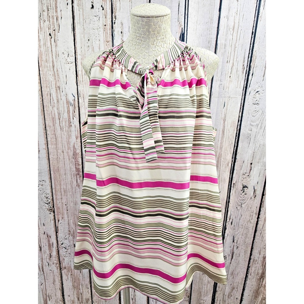 Women's L Lafayette 148 Silk Multicolor Striped Blouse Sleeveless‎ Tie Neck Top